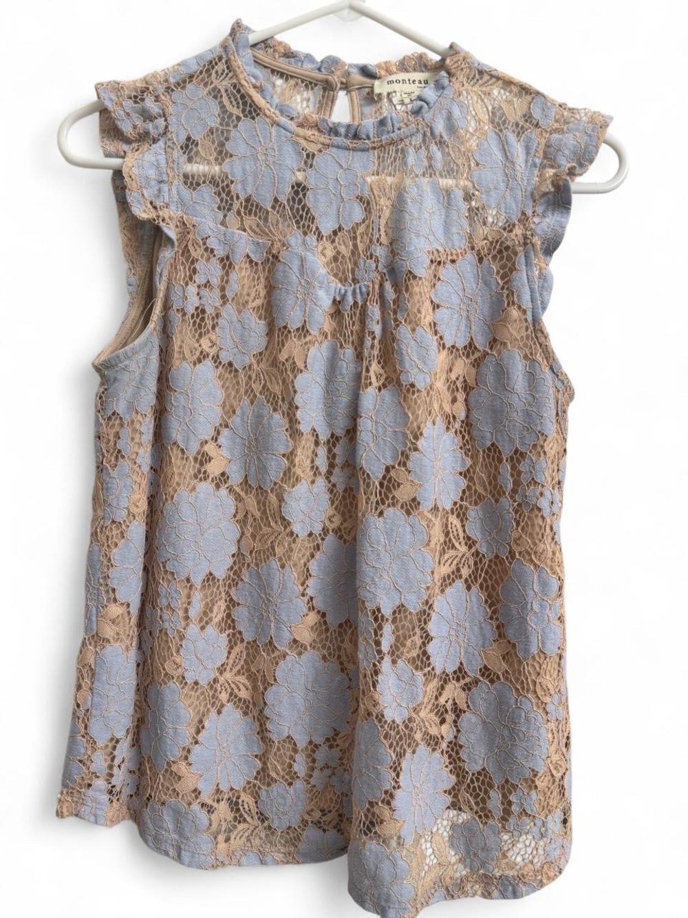 Monteau Blue Floral Lace Overlay Camisole with Beige Base